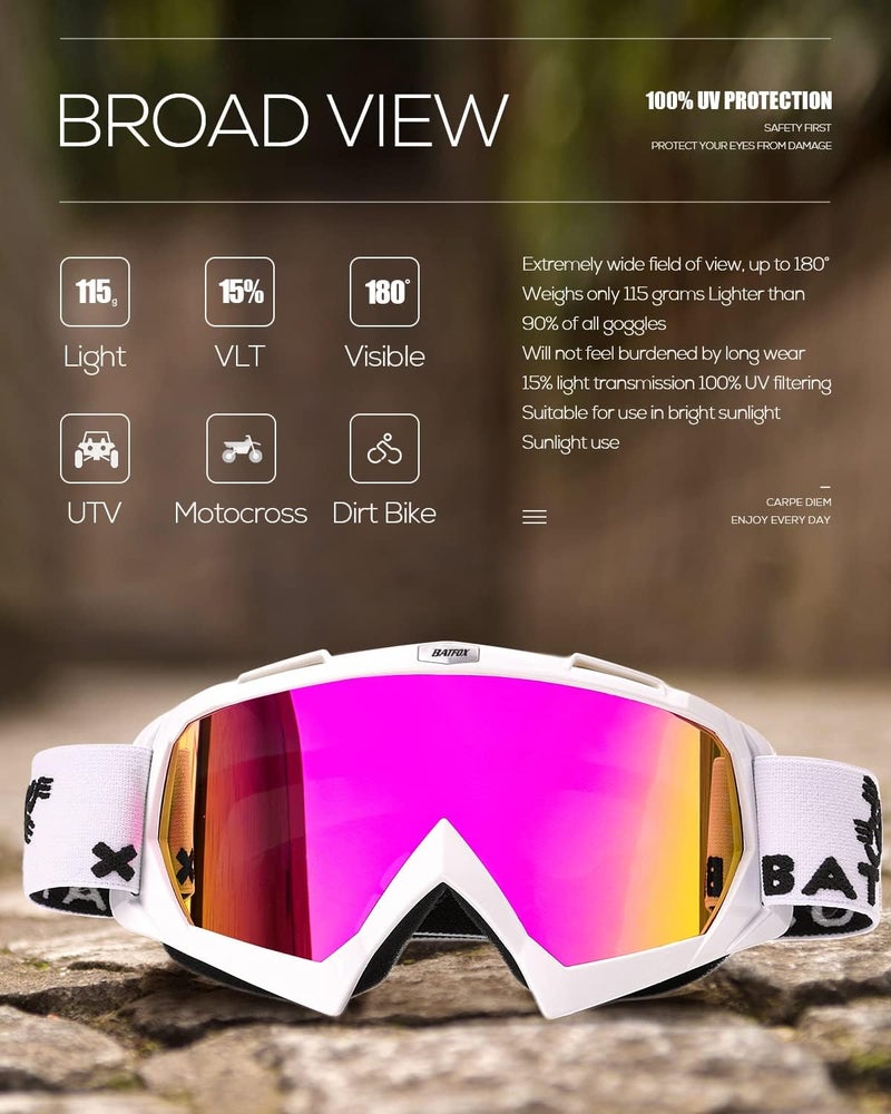 BATFOX Dirt Bike ATV Goggles Motorcycle Gear Riding Motocross Dirtbike 4-Wheeler MX DH Accessories Goggles Glasses for Men Women Youth UV400 Protection Dust-proof Anti-Slip Strap - Image 5